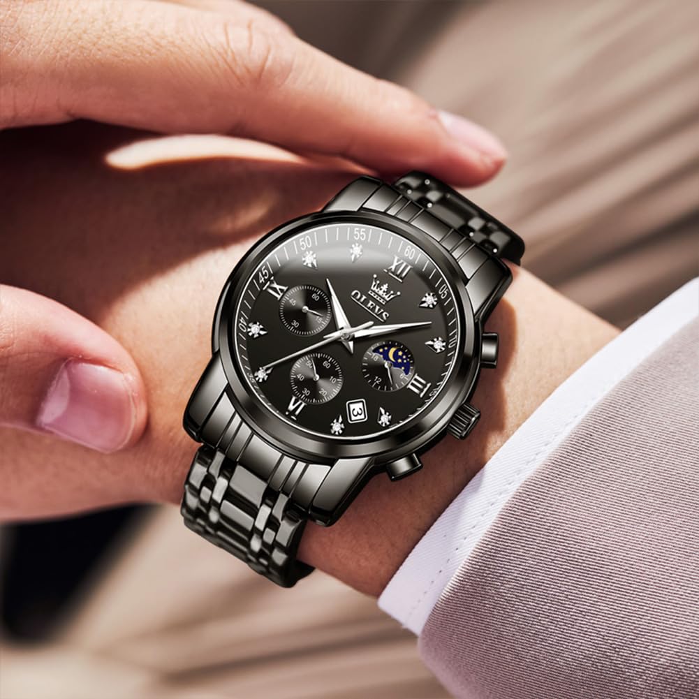 OLEVS Armbanduhr Herren Quarz Luxus Edelstahl Business Herrenuhr Chronograph 3Bar Wasserdicht Uhren Herren 42mm Zifferblatt mit Mondphase Datum Leuchtzeiger klassisch schlicht Geschenk für Männer