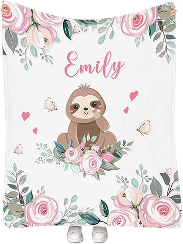 Manta personalizada para niñas con nombre, manta personalizada de perezoso y mariposa, manta de forro polar suave para recién nacidos, baby shower,