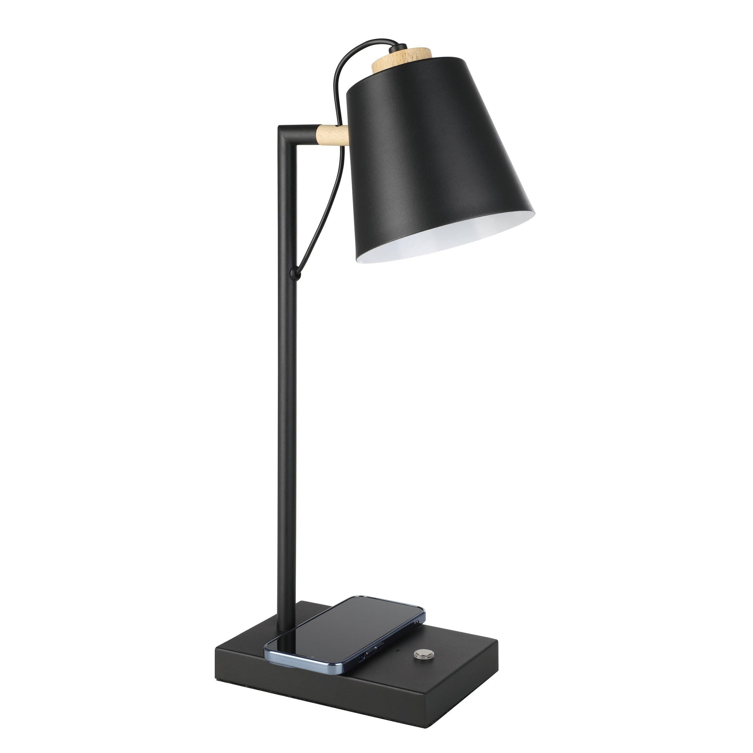 EGLO LED Tischlampe Lacey, Nachttischlampe mit QI-Ladefunktion | Tischleuchte Touch dimmbar aus Holz in Natur, Metall in Schwarz und Creme, Schlafzimmer Tisch Lampe, warmweiß