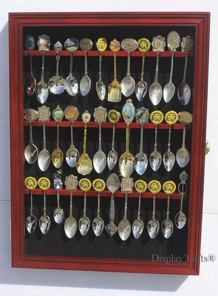36 Souvenir Tea Spoon Display Case Rack Wall Mountable Cabinet Solid Wood Frame with Glass Door Lockable Cherry Finish