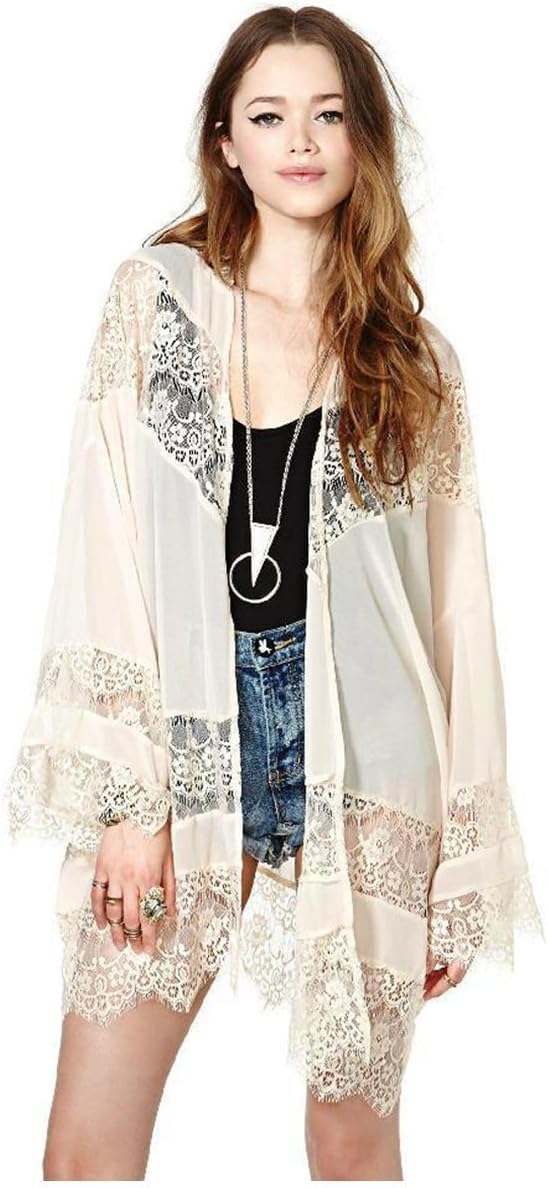 Vintage Women Girls Floral Print Long Loose Kimono Jacket Coat Cardigan Blouses (M, beige)
