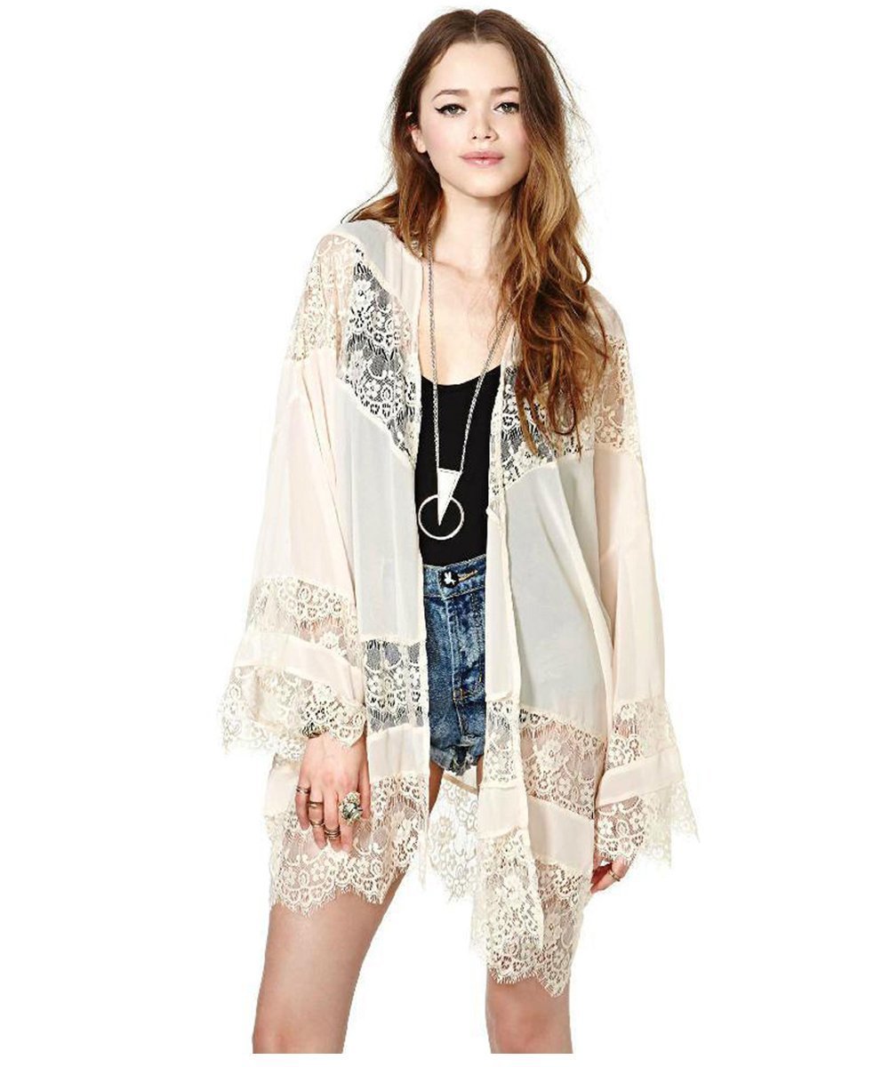 Vintage Women Girls Floral Print Long Loose Kimono Jacket Coat Cardigan Blouses (M, beige)