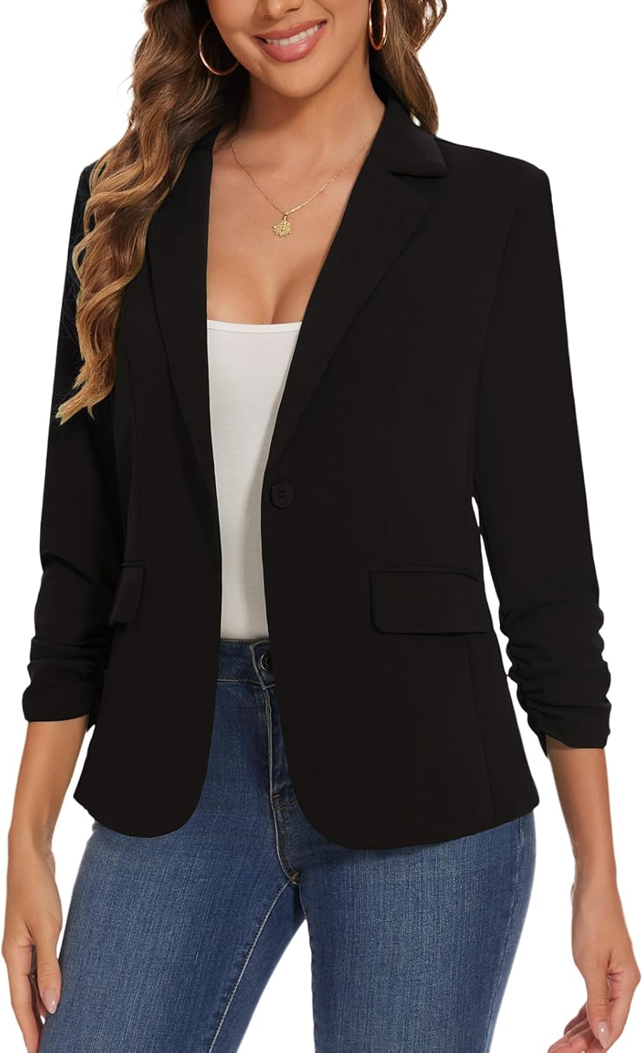 Women's Casual Single Button Front Blazer Ruched 3/4 Sleeve Notched Lapel Office Lightweight Blazers with Pockets - Image 5