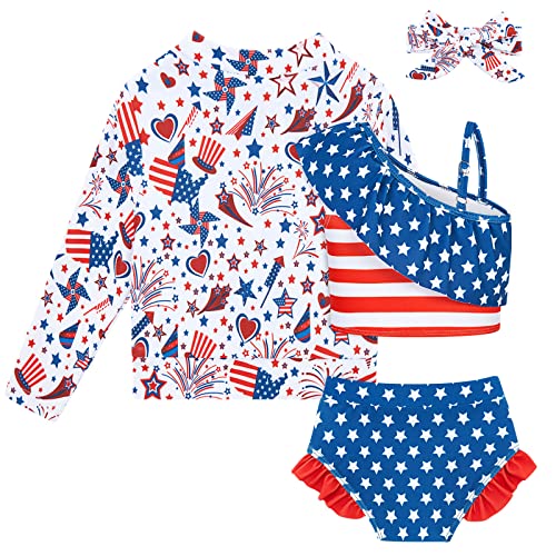 Image of Funnycokid Baby Toddler Girls Swimsuit 4 Piece Bathing Suit Long Sleeve Rash Guard Sets 12 Months-7 Years