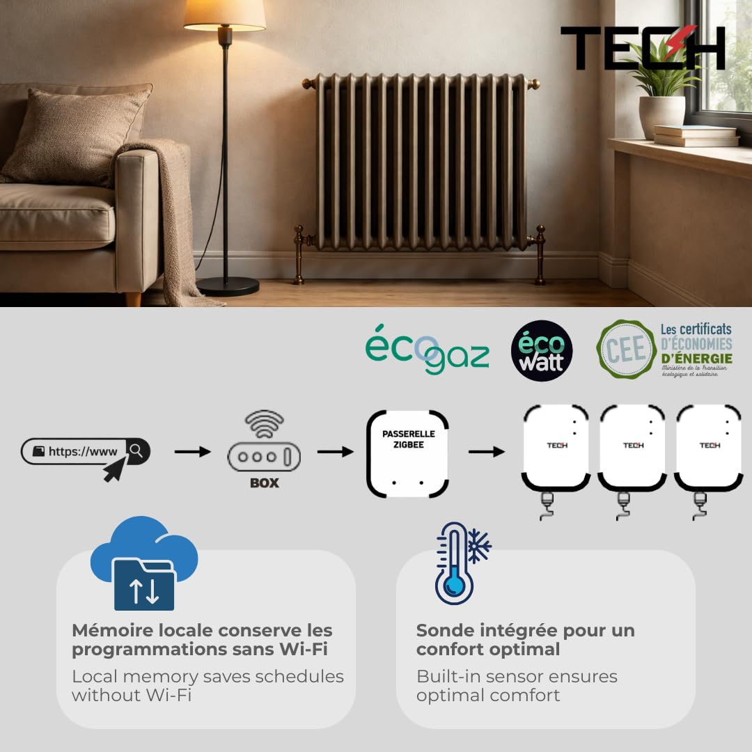 TECH Thermostat Connecté Zigbee WiFi pour Radiateur Électrique – Programmable, Contrôle à Distance, Compatible Assistant Vocal – Prime CEE BAR-TH-173