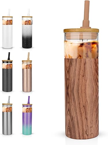 Tronco Vaso de vidrio de doble pared de 20 onzas con popote y tapa, exterior de acero inoxidable, botellas de agua de vidrio sin sudor, taza de café