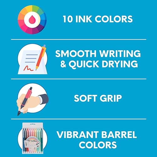 Miniatura 6 de 10 bolígrafos retráctiles de tinta de colores surtidos de 0.028 in con agarre contorneado suave para el regreso a la escuela
