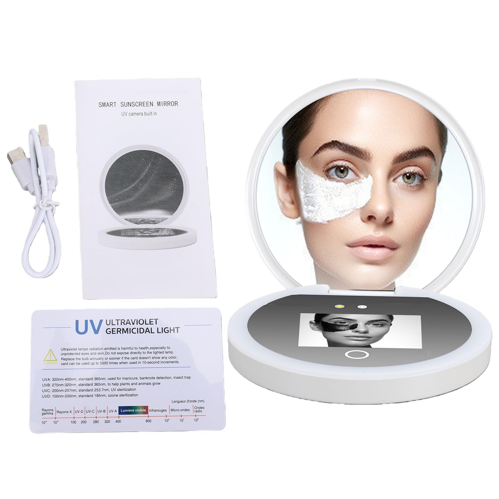 PUSOKEI UV-Kamera-UV-Spiegel für Sonnenschutztests, 2-fache Vergrößerung, 3,5-Zoll-Reisekosmetikspiegel mit Lichtern und Vergrößerung, Sonnenschutz für die Haut