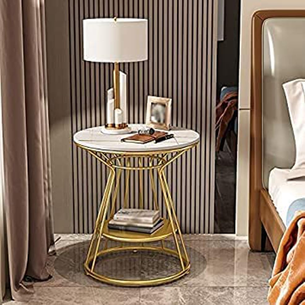Image of Crown Art Crown Art SHOPPEE Elegant Gold Accent Side Table | Premium Marble Finish Round End Table with Storage Shelf | Modern Coffee Table, Bedside Table, Nightstand for Living Room & Bedroom