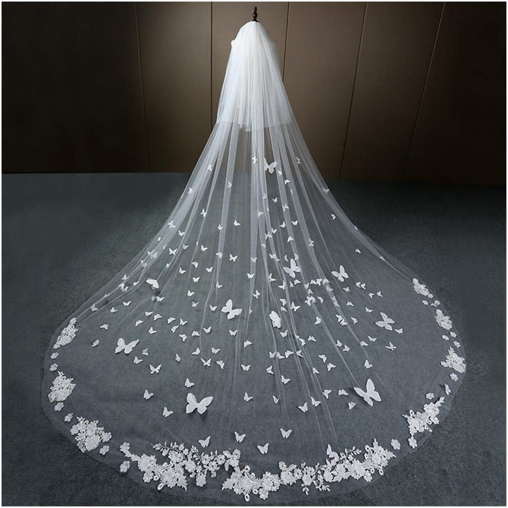 Sluiers Lange Kant Bruidssluier Tule 3D Vlinder Bloemen Applicaties Bruidssluier Gezicht bedekte Bruidssluier Met Kam Bruids Tule