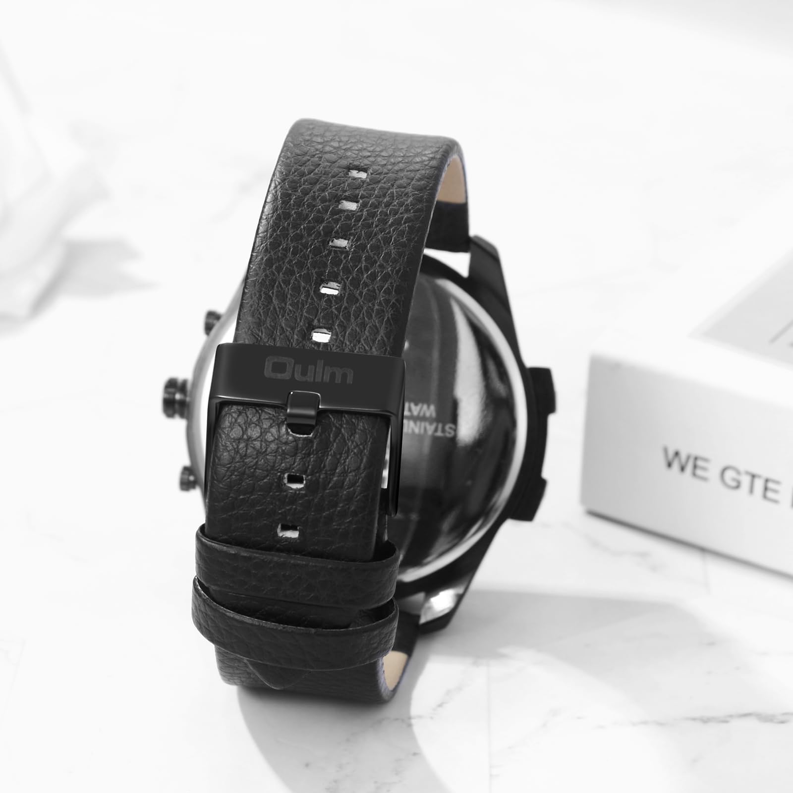JewelryWe Zegarek męski, duże zegarki z 3 strefami czasowymi: 4 sztuki, męski analogowy zegarek kwarcowy z trzema mechanizmami zegarowymi, czarny, ponadwymiarowy cyferblat, zegarek sportowy z PU