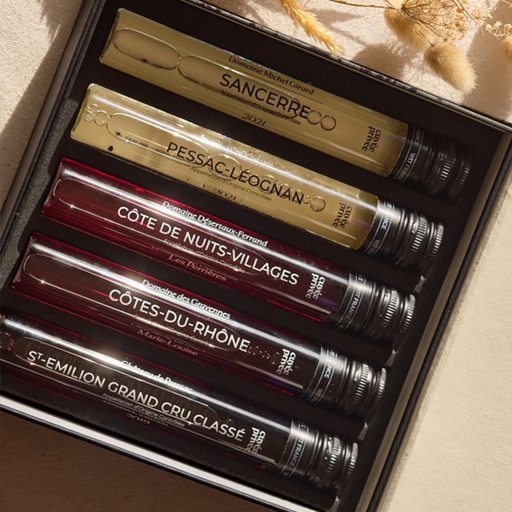 Caja de cata de vinos imprescindibles – 5 frascos de 10 cl (3 tintos, 2 blancos) | selección Francia (Burdeos, Borgoña, Alsacia, Languedoc, Côtes-du-Rhône)