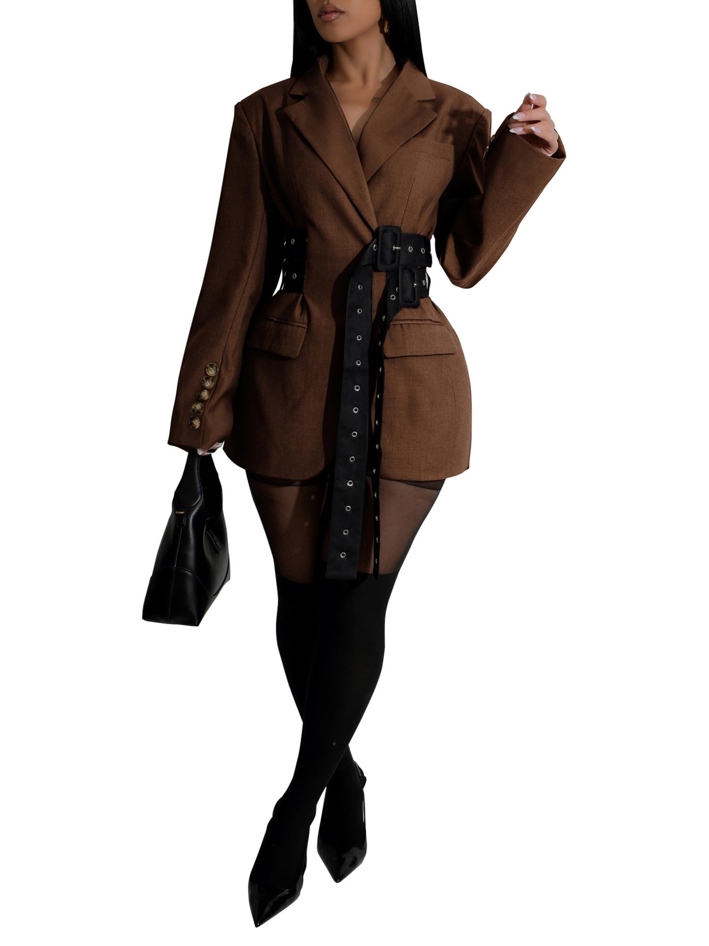 Womens Casual Lapel Neck Business Blazers Long Sleeve Front Tie Jacket Tops Dress with Belt