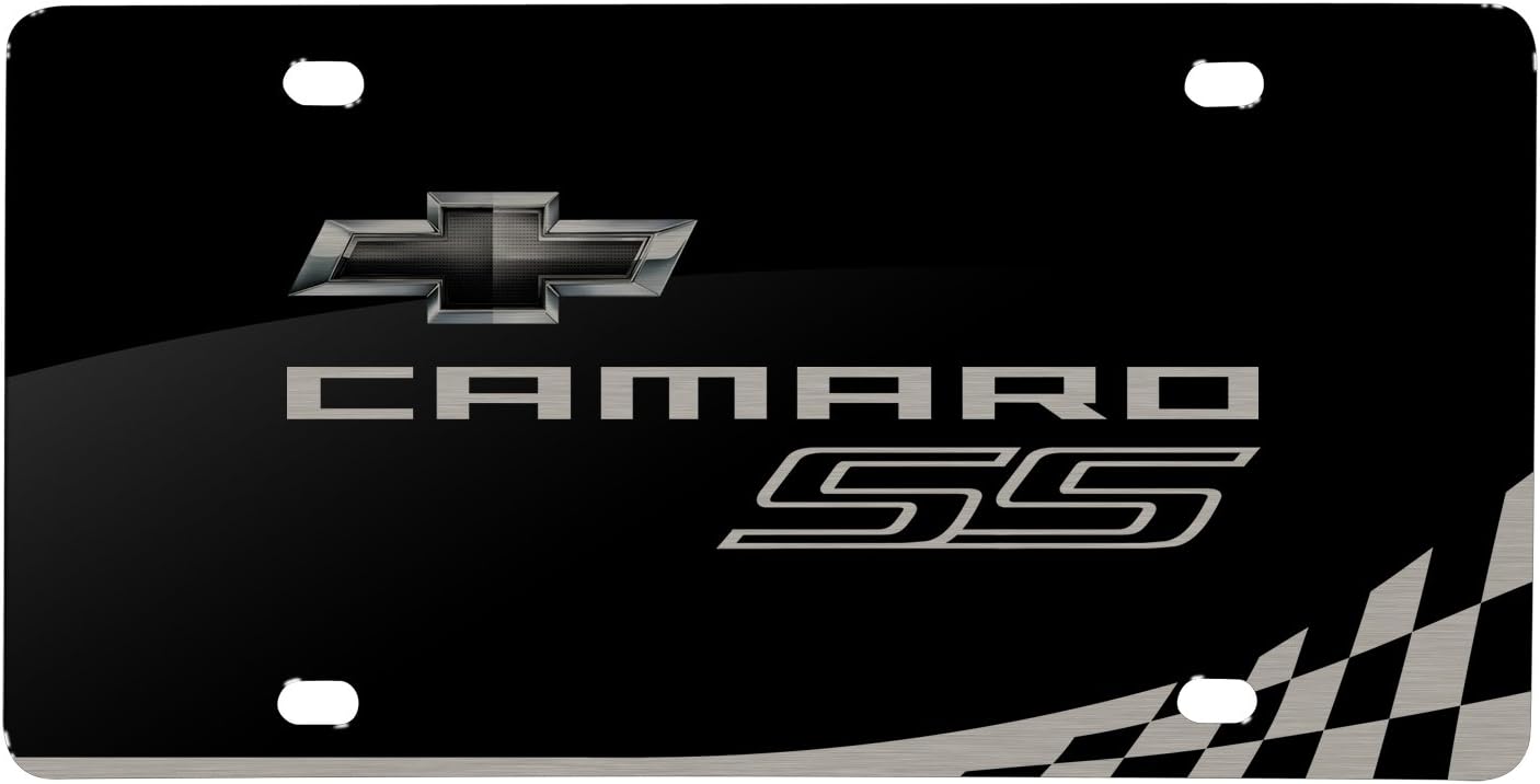 iPick Image for Chevrolet Camaro SS Laser Mark Checker Stripe Black Acrylic License Plate - Official Licensed