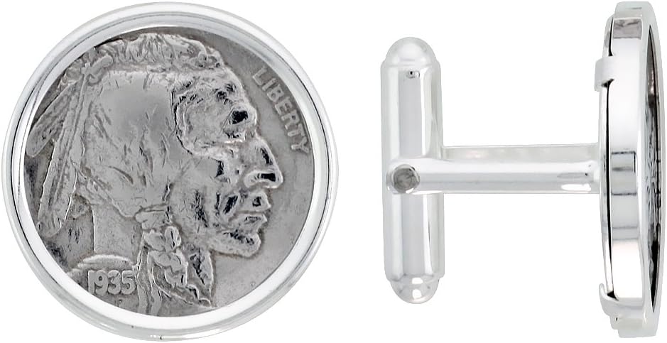 Sterling Silver Buffalo Nickel Cufflinks for Men Prong Back Polished Bezel w/Gift Box (1913-1938)