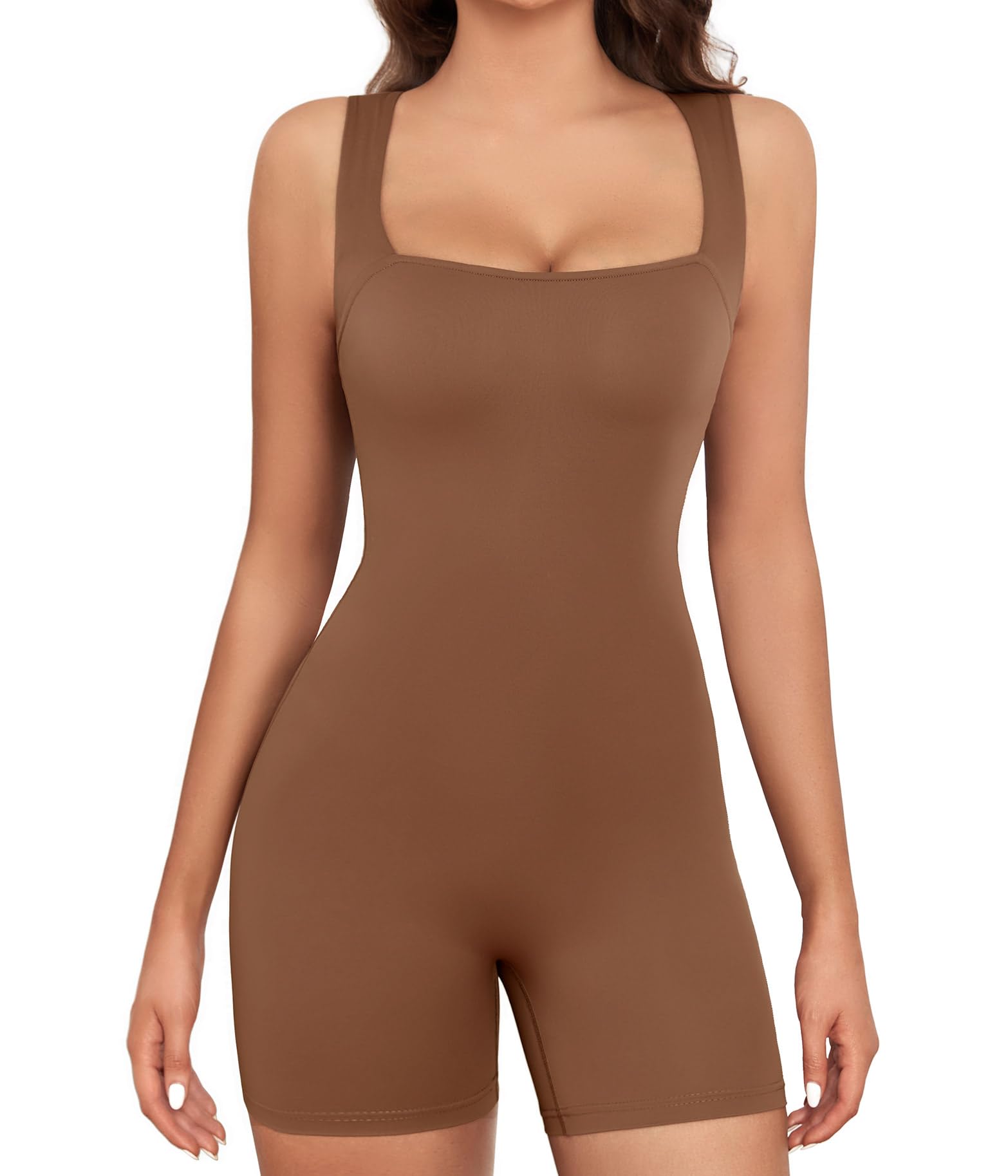 heekpek Body Mujer sin Mangas Elastico Bodysuit Deporte Mono Corto de Mujer Cuello Cuadrado Tank Top Workout Bodysuit Entero Sexy Jumpsuit