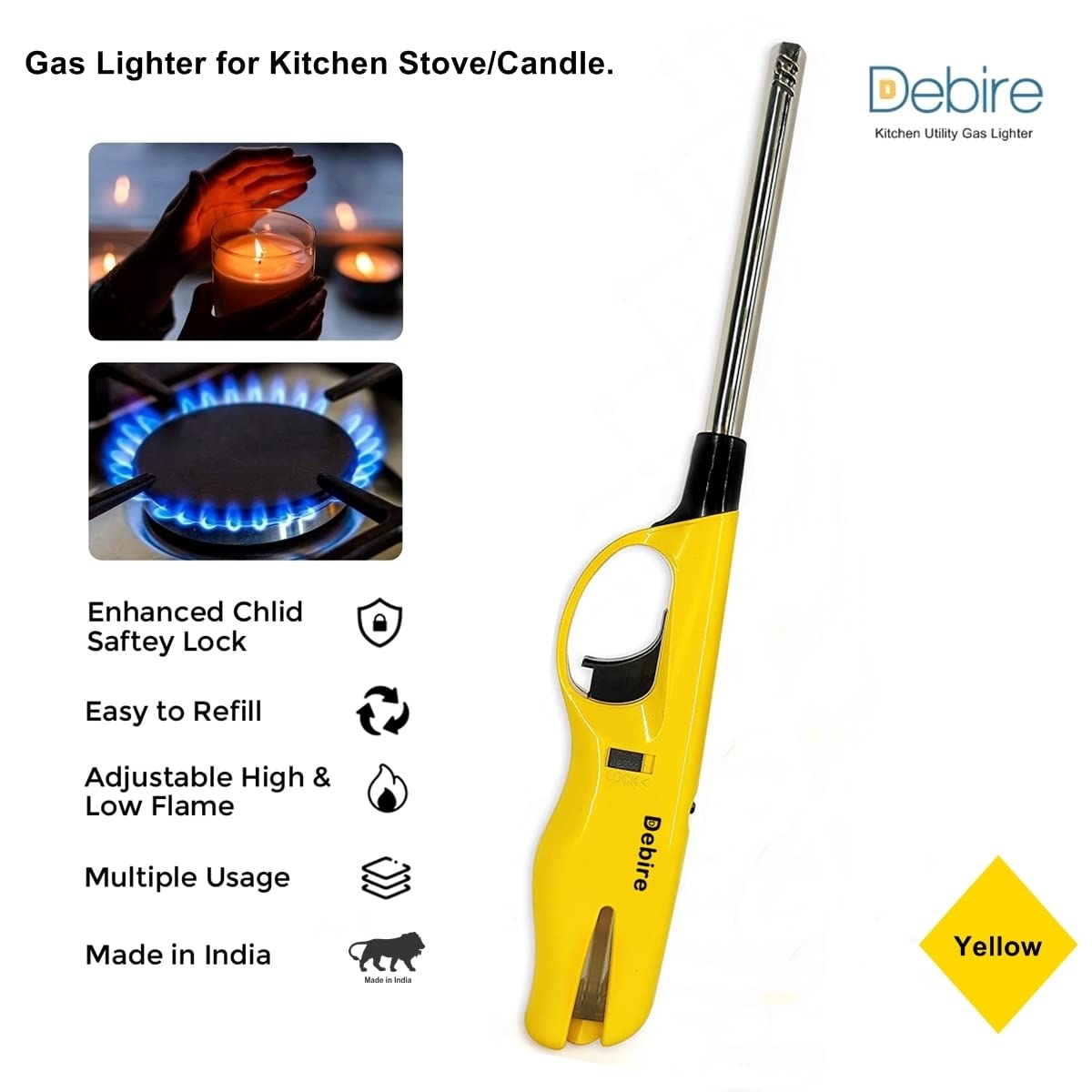 DEBIRE Steel Plastic Kitchen Gas Lighter Flame Adjustable, Refillable Safe & Secured (Dark Yellow,1) 1