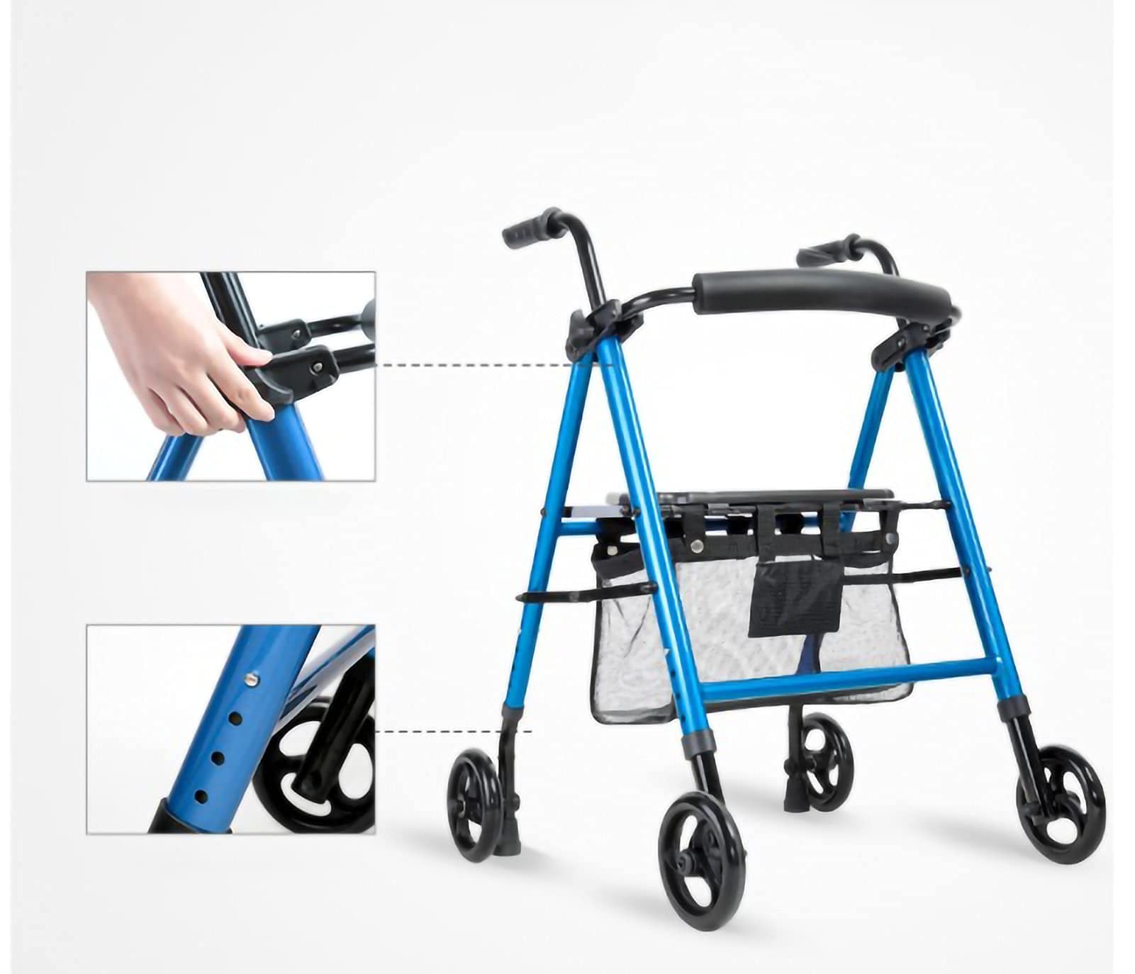 WolFum 4-kołowy Rollator Walker Oparcie i kosz pod siedziskiem Lekka składana aluminiowa rama Pomoc w poruszaniu się podczas chodzenia Koła obrotowe Niebieskie (niebieskie koło kierunkowe) Podwójny