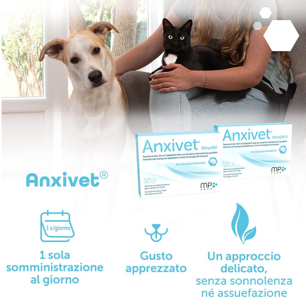 MP Labo Anxivet® - Favorisce Il Benessere e l'adattamento alle situazioni stressanti della Vita Quotidiana per Cani e Gatti (500 MG, 56 UI, 30 Capsule)