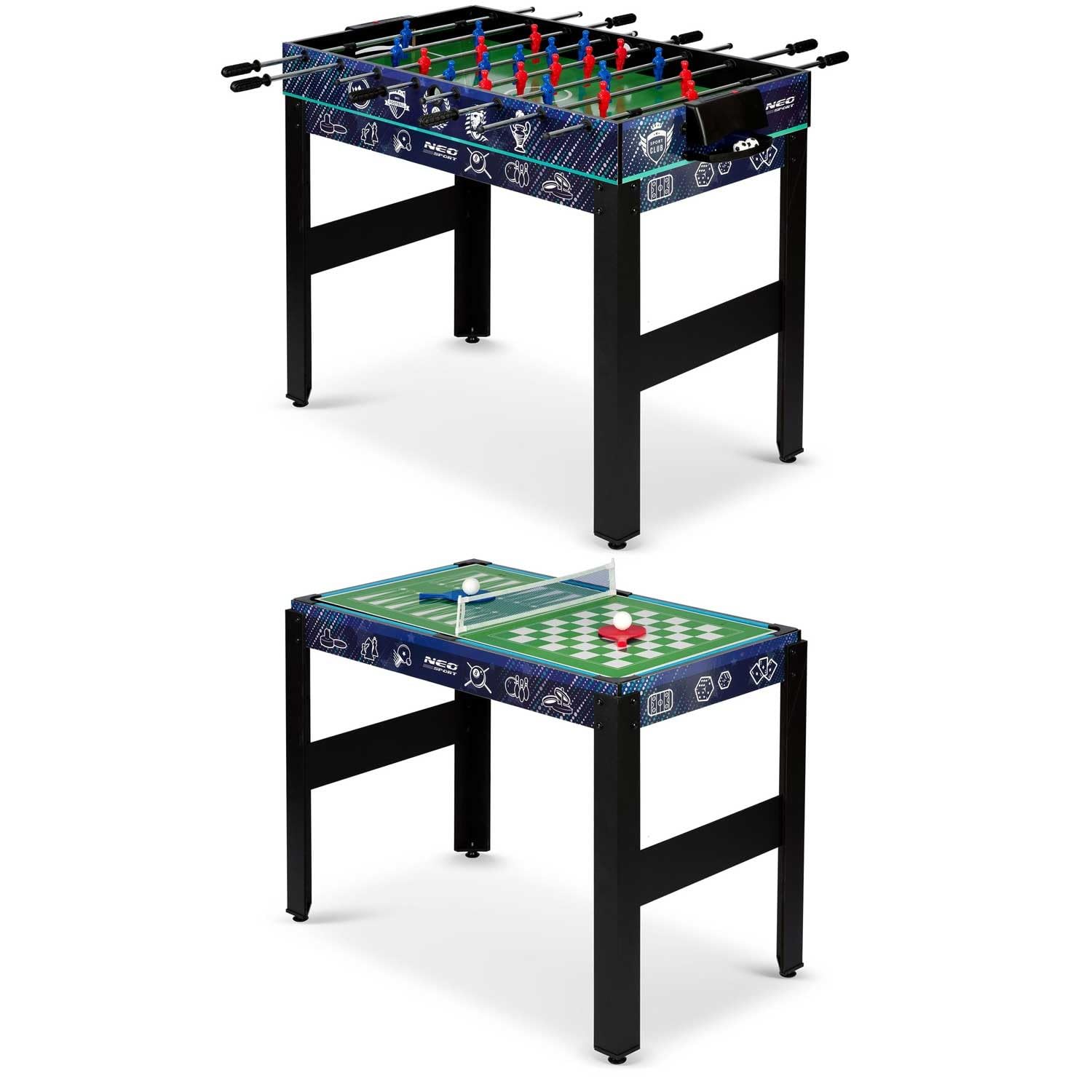 Neo-Sport Multi Spieltisch 12in1, Tischfußball, Tischflagge, Cimberg, Billard, Kontrolle, Bowling, Schach, Karten, 106 x 59 x 90 cm