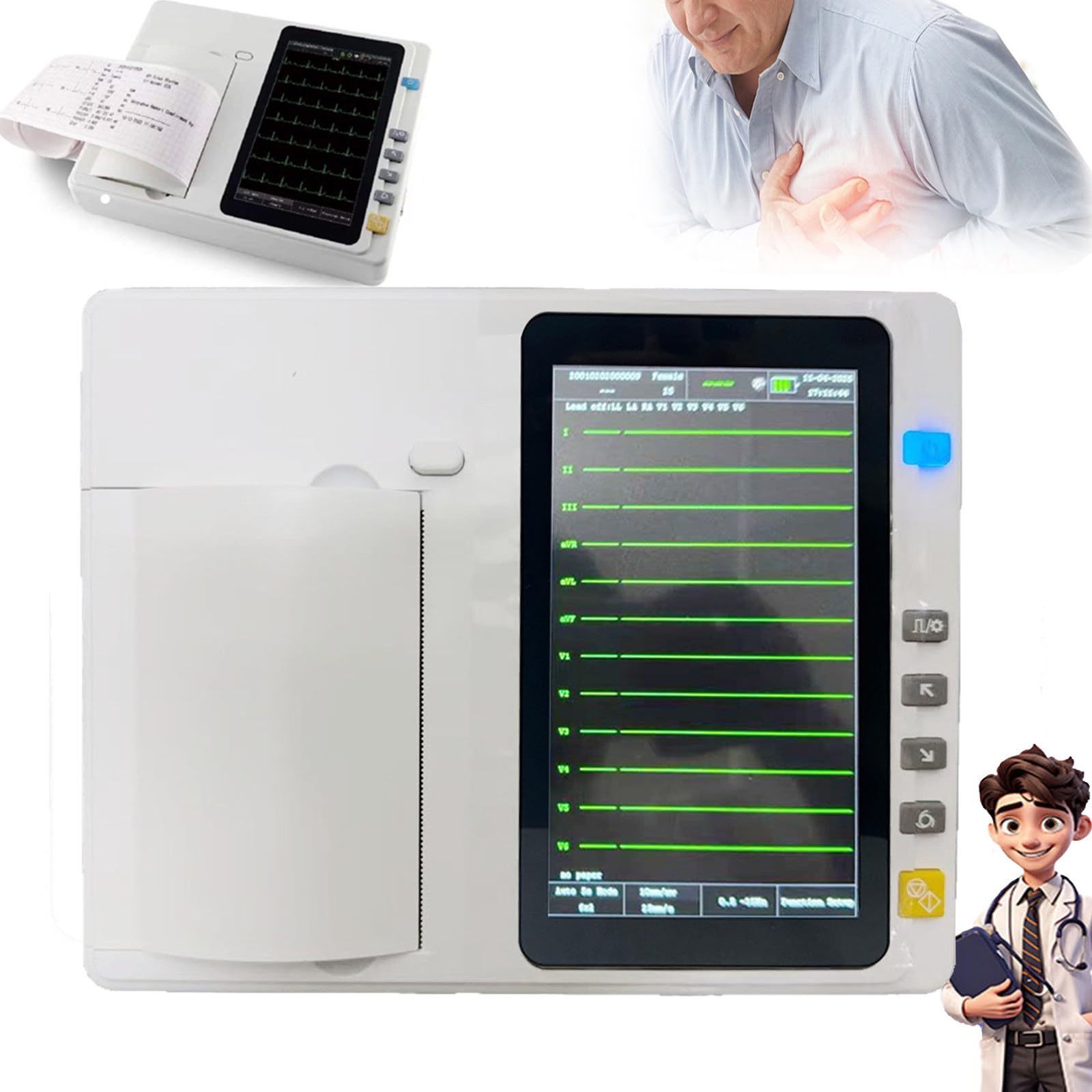 Elettrocardiografo Portatile - Monitor Cardiaco con Schermo LCD a Colori da 7 Pollici, 12 Derivazioni, 3 Canali, per Il Monitoraggio dei Parametri Vitali,Aggiornamento Software Tramite USB/Scheda Sd