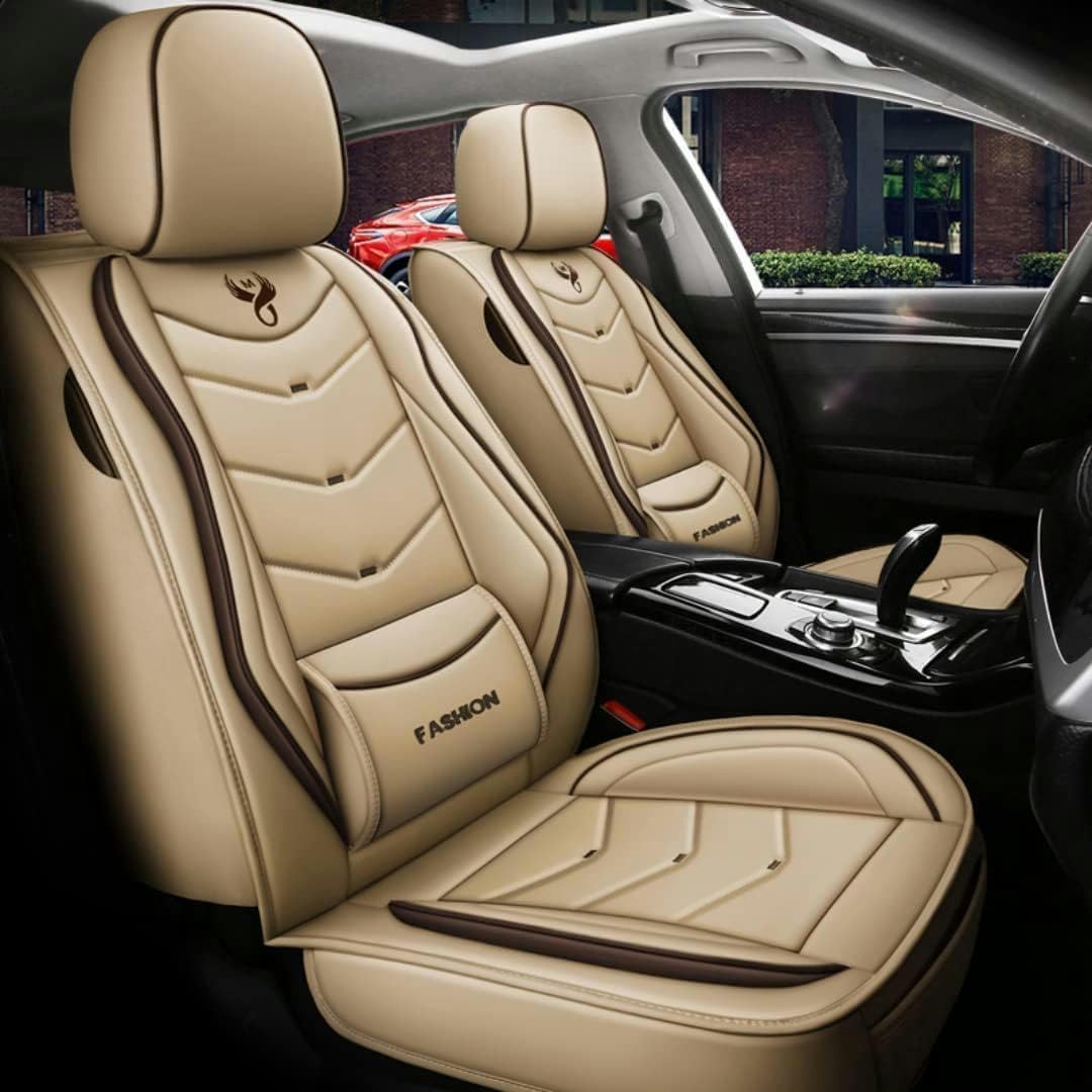 Universal Leather Car Seat Covers for Bmw E30 E34 E90 E60 E39 E36 E87 F30 M5 F10 E46 X5 E53 E70 G30，5-seater Accessories-Beige