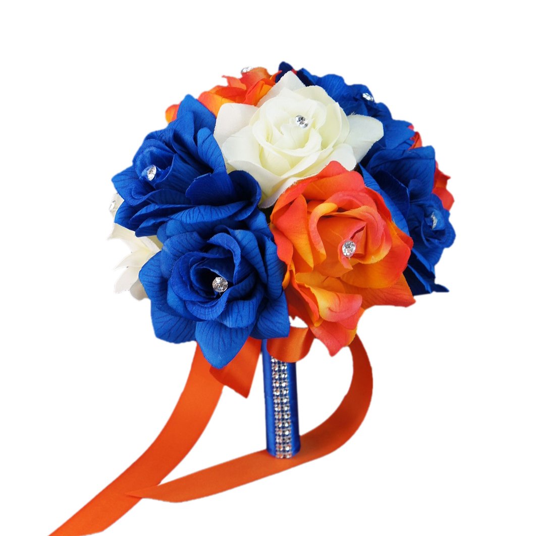 Angel Isabella 8" Wedding Bouquet - Ivory, Royal Blue, Orange Artificial Rose Bouquet
