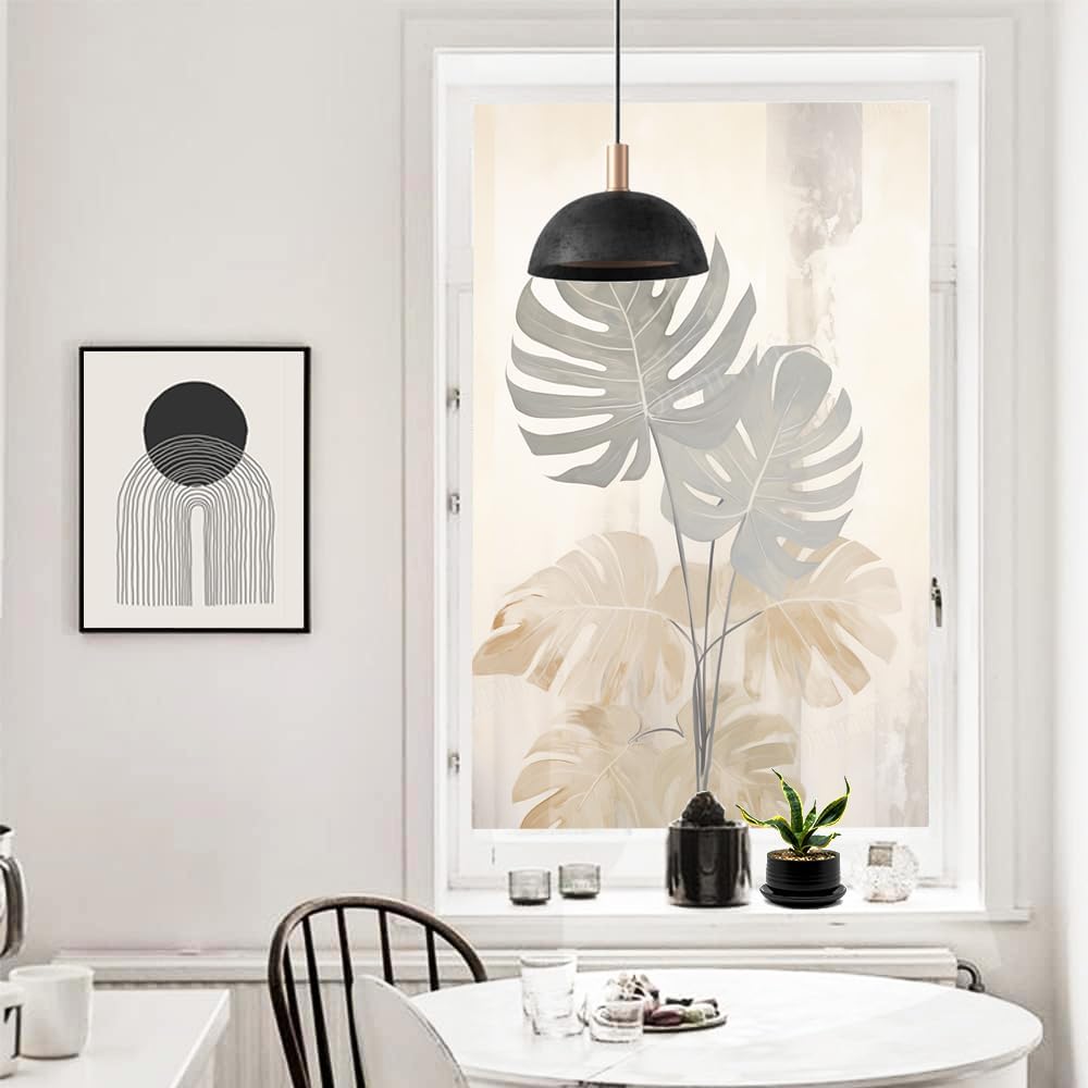 Tropical Beige Leaf Window Film Peel and Stick, Sun Blocking & Heat Control, Modern Watercolor Plant Decortive Frosted Privacy Glass Film 35.4Wx63L inch, Style-1