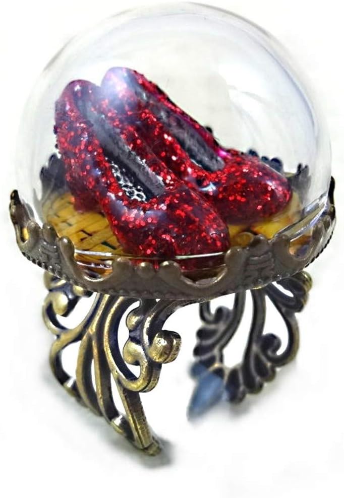 Ruby Red Slippers on the Yellow Brick Road Ring in Bronze or Silver Filigree Adjustable Band - Handmade Adult Artisan Jewelry