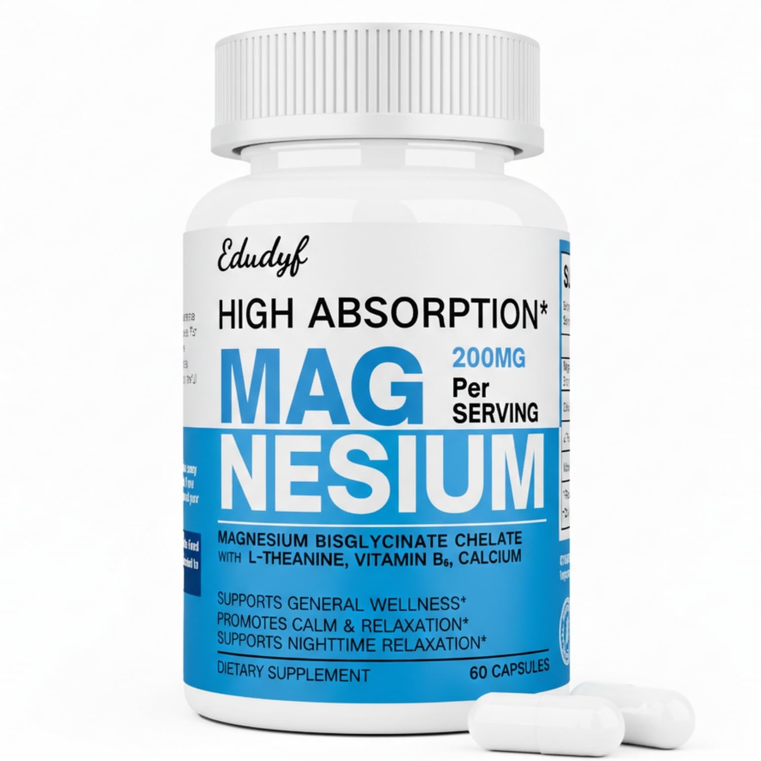 Chelated Magnesium Bisglycinate 200mg with L-Theanine, 60 Capsules 60 Count (Pack of 1)