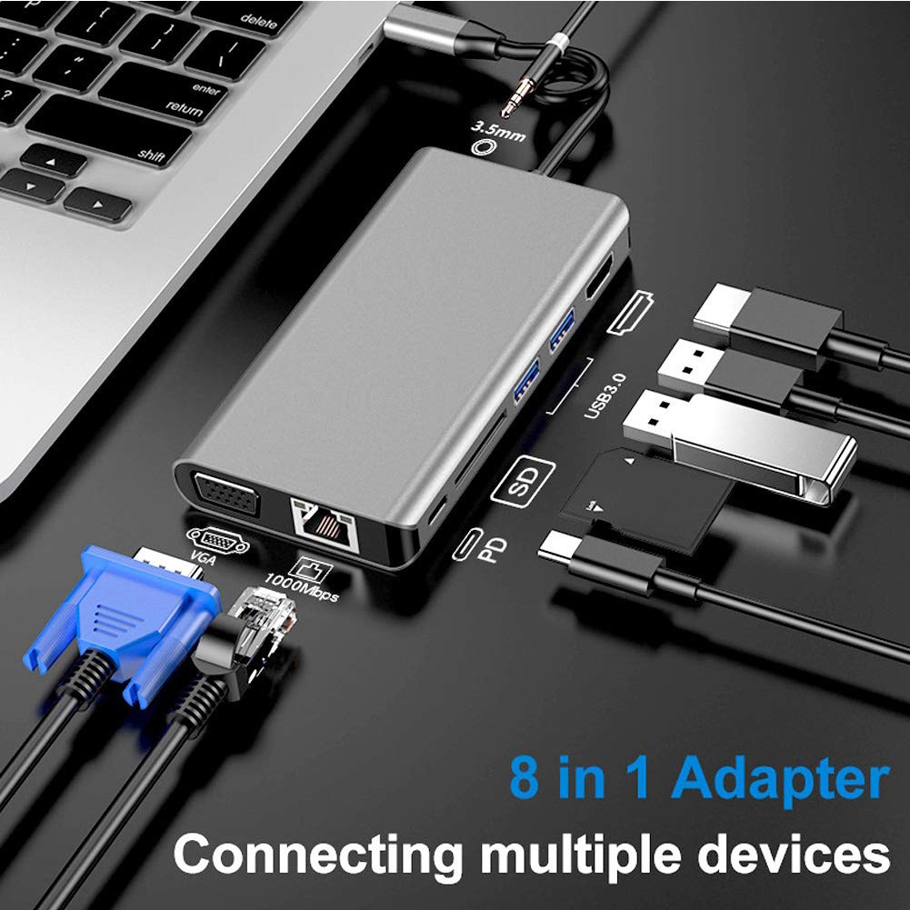 Docking station di tipo C, hub USB C 8 in 1, docking station per notebook con porta o, hub USB 3.0 in alluminio per laptop, supporta uscita video UHD 4K e Gigabit Ethernet