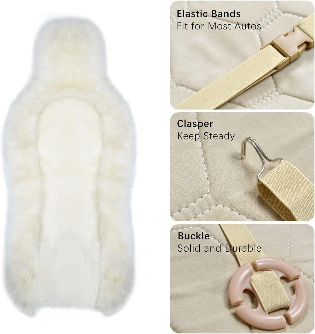 Gracefur Easy-Install Universal Sheepskin Car Seat Covers, Winter Warm Genuine Australian Sheepskin Fur Seat Covers, Airbag Compatible for Sedans, Trucks, SUV, or Van (White)