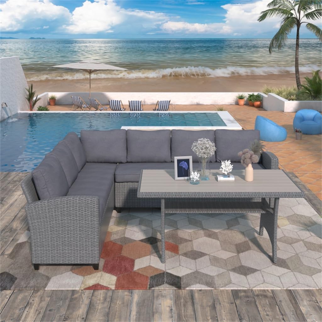 Patio Outdoor Furniture PE Rattan Wicker Conversation Set All-Weather Sectional Sofa Set with Table Soft Cushions