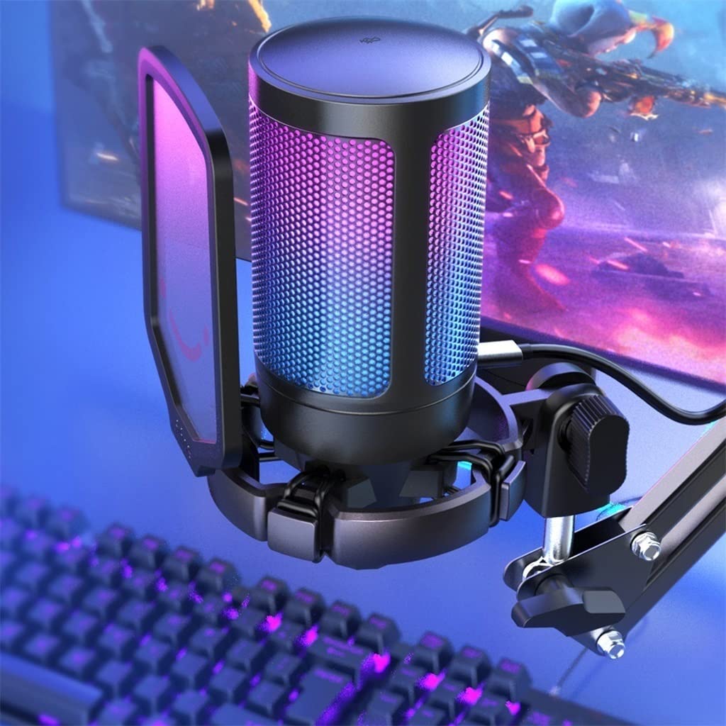 Pojemnościowy mikrofon do gier USB, odpowiedni do komputerów z filtrem pop, redukcją wibracji i kontrolą wzmocnienia, odpowiedni do podcastów
