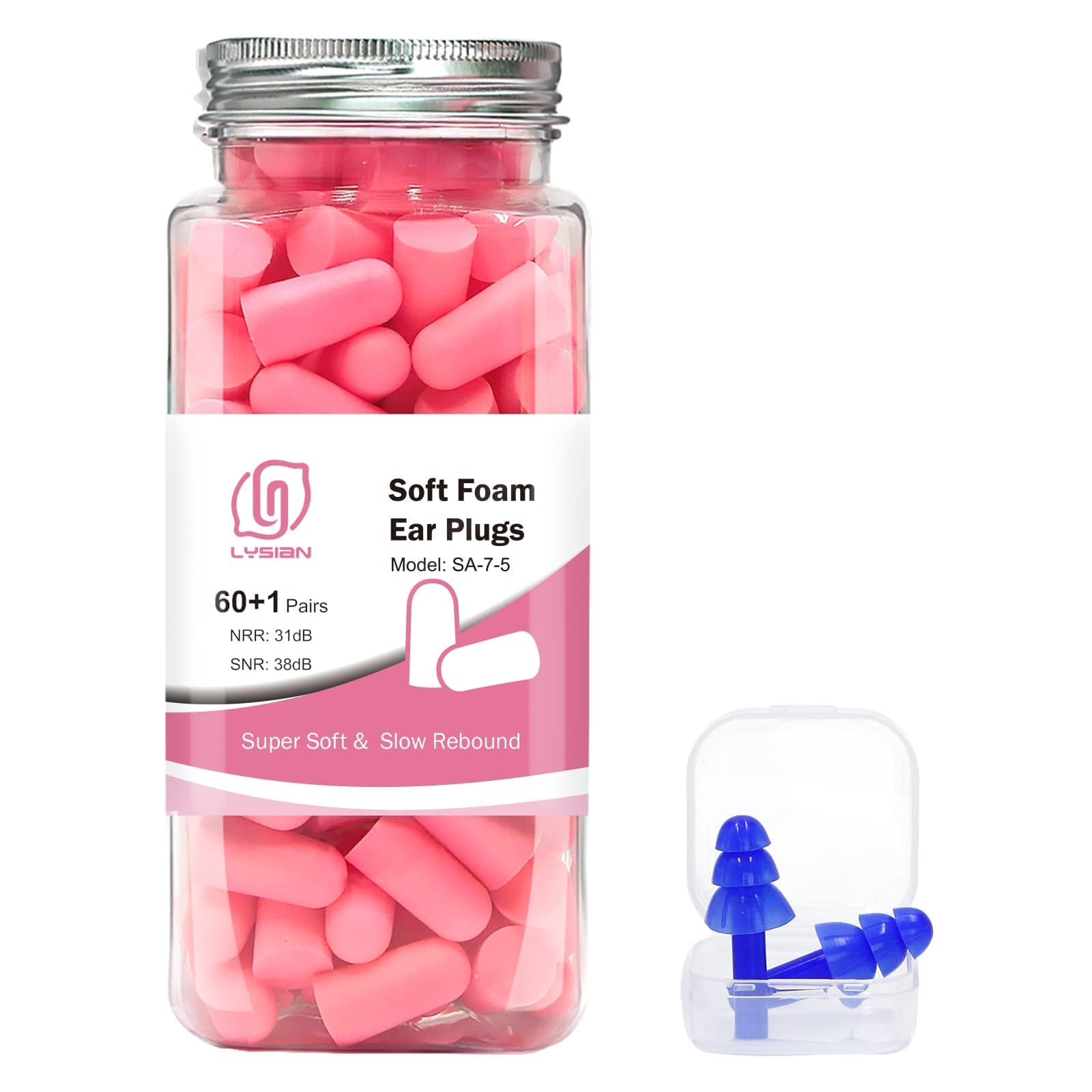 LYSIAN Ultra Soft Foam Ear Plugs for Sleep Noise Reduction -38dB Noise Cancelling Earplugs for Sleeping, Snoring, Shooting, Travel, Women-60