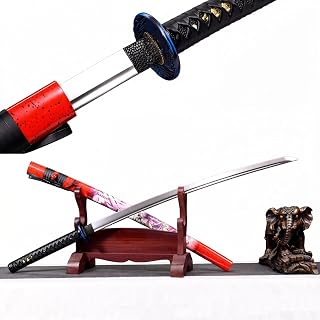 crafthand High-End Red Katana Japanese Samurai Sword Carbon Steel Katana Cosplay Props Safety Practice Long Sword with Anime Pattern 103CM/40.5"(Unsharpened)
