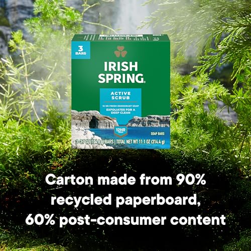 Image of Irish Spring Active Scrub Mens Bar Soap, Men's Exfoliating Bar Soap, Smell Fresh and Clean for 12 Hours, Men Soap Bars for Washing Hands and Body, Recyclable Carton, 24 Pack, 3.7 Oz Soap Bars