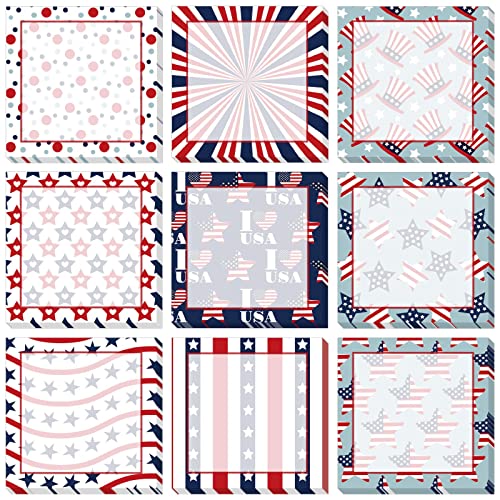 9 Pieces 4th of July Sticky Note Adhesive Independence Day Patriotic Memo Notes Self-Stick Note Pads for Reminders, Study, Work, Office, School and Home, 9 Styles