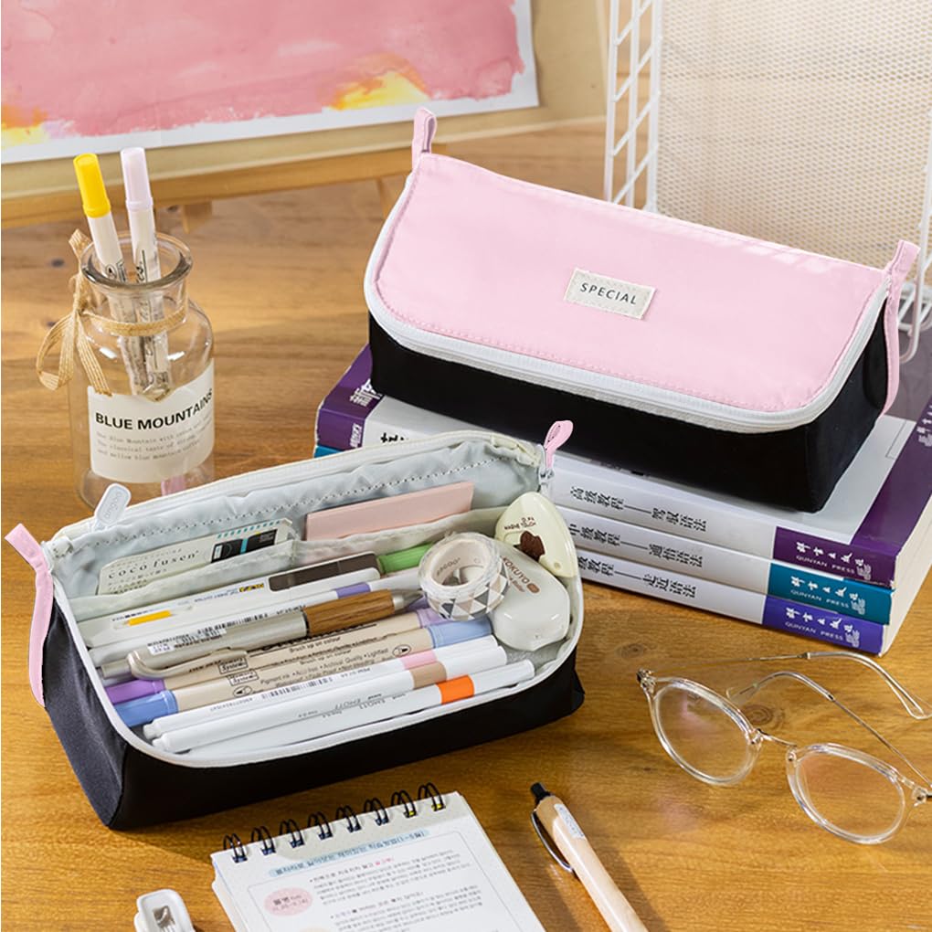 Oyachic Wide Open Pencil Case Flip-Top Large Pencil Pouch Pen Holder Bag Office Stationery Asthetic Supply Organizer Marker Zipper for Adults (Pink) - Image 3