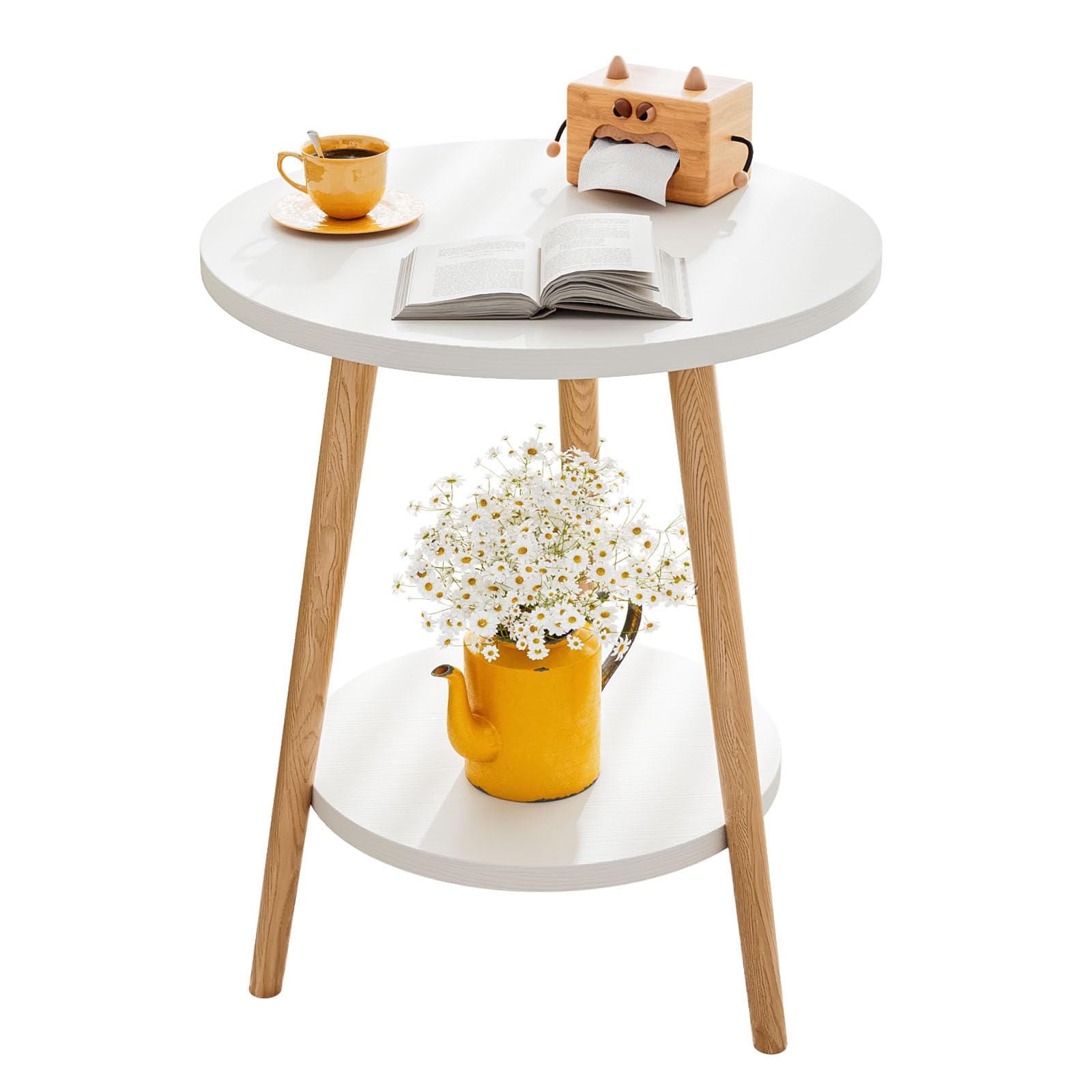 Mesa Auxiliar Redonda de 2 Niveles Negra, Ø38x55 cm para Sofá | para Salón y Dormitorio, Estructura Metálica, Fácil Montaje, Blanco
