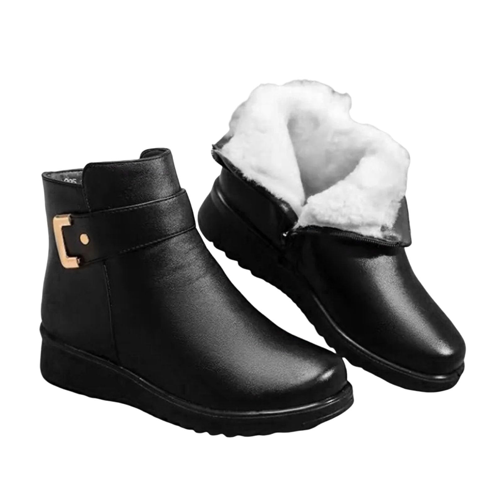 ZSpzx Women Snow Ankle Boots Solid Leather Warm Furry Lined Wedge Heels Buckle Straps Side Zipper Winter Slip