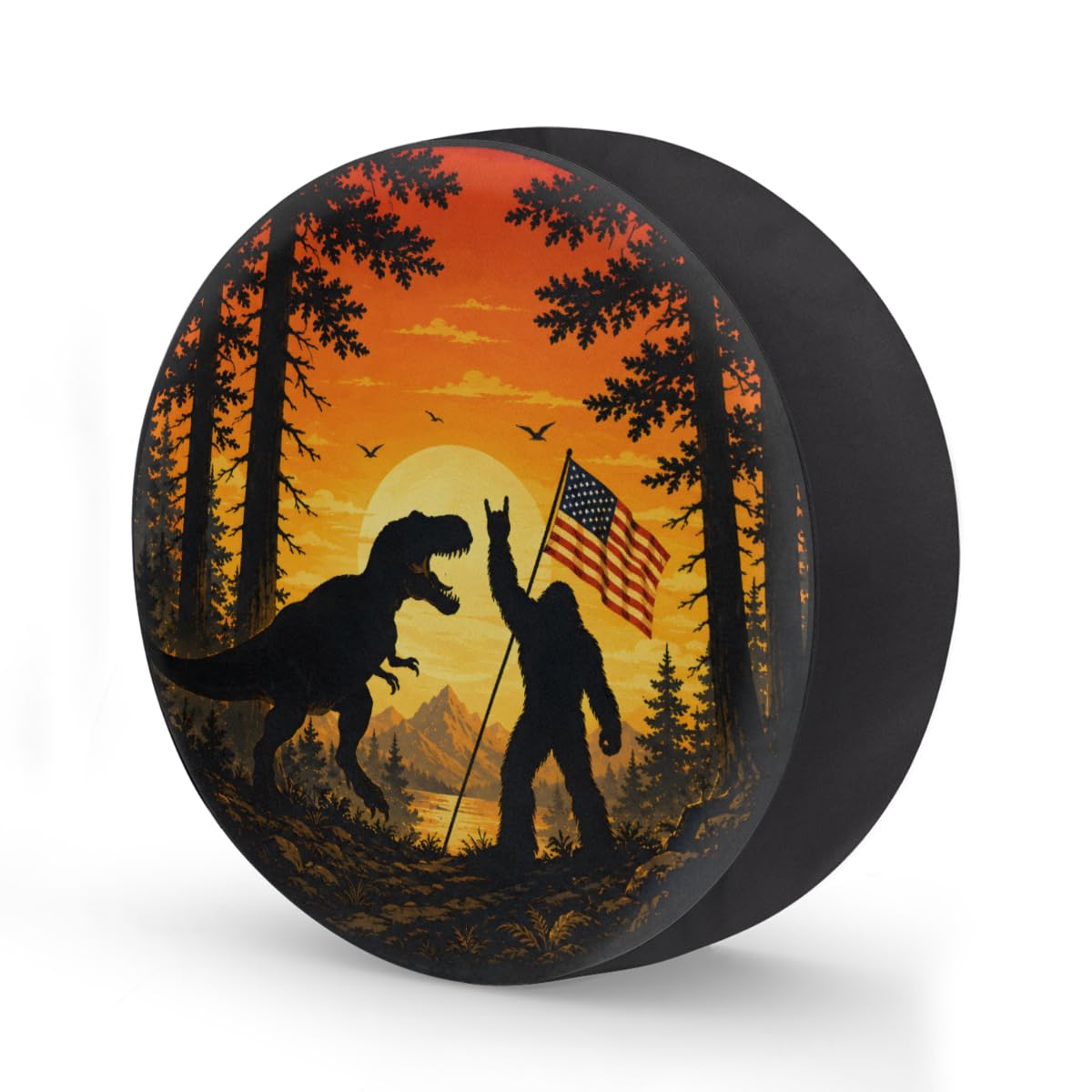 Bigfoot Dinosaur American Flag Spare Tire Cover Wheel Covers Protectors Waterproof Dust-Proof Universal Fit Trailer, RV, SUV and Many Vehicle 16 Inch,C-08