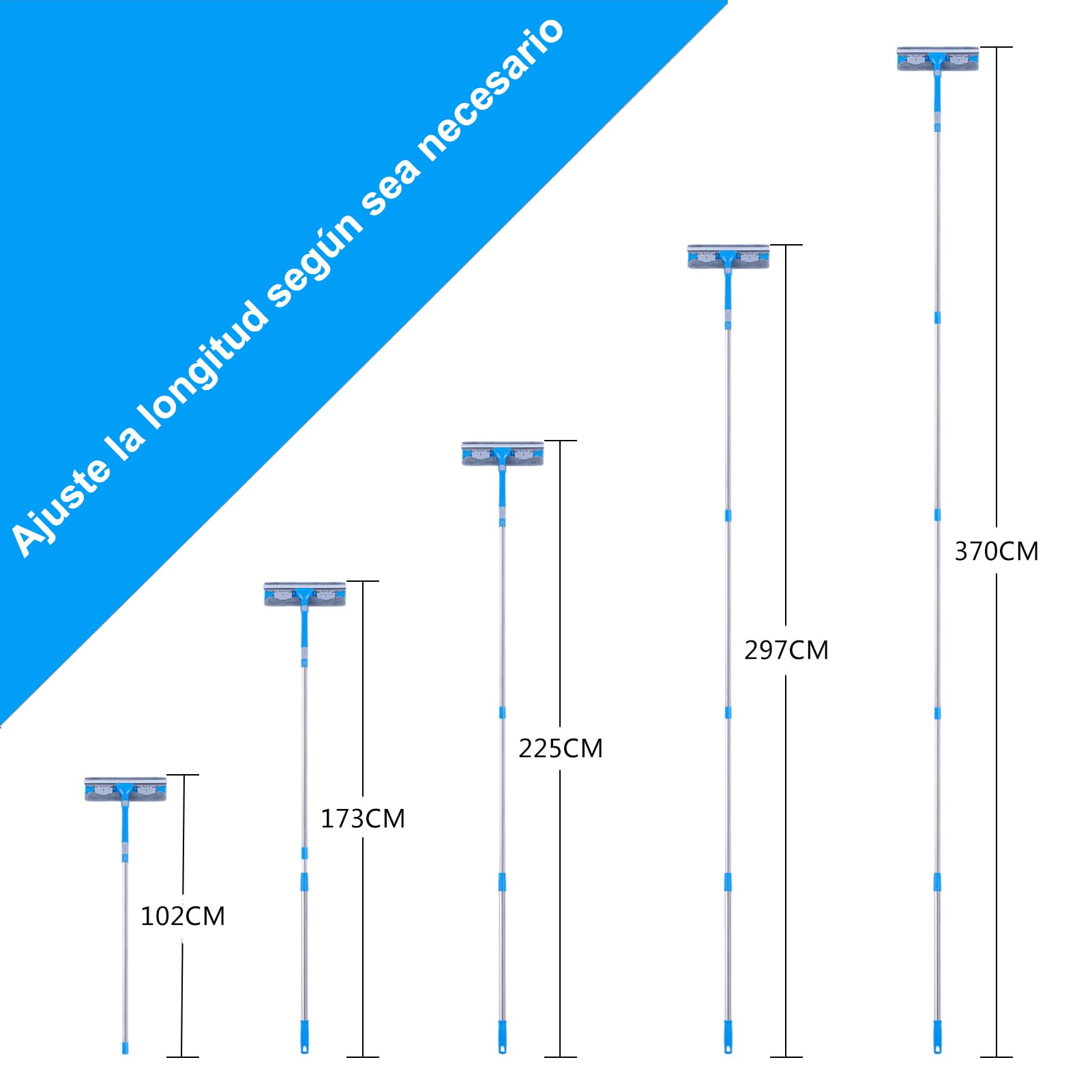 Mitclear 3,7m Limpiacristales 3 en 1 de Extensible, Limpiacristales Largo con Palo Telescópico, Cabezal(31cm) Giratorio de 180°, Limpiar Ventanas Vidrio Altas para Interiores/Exteriores