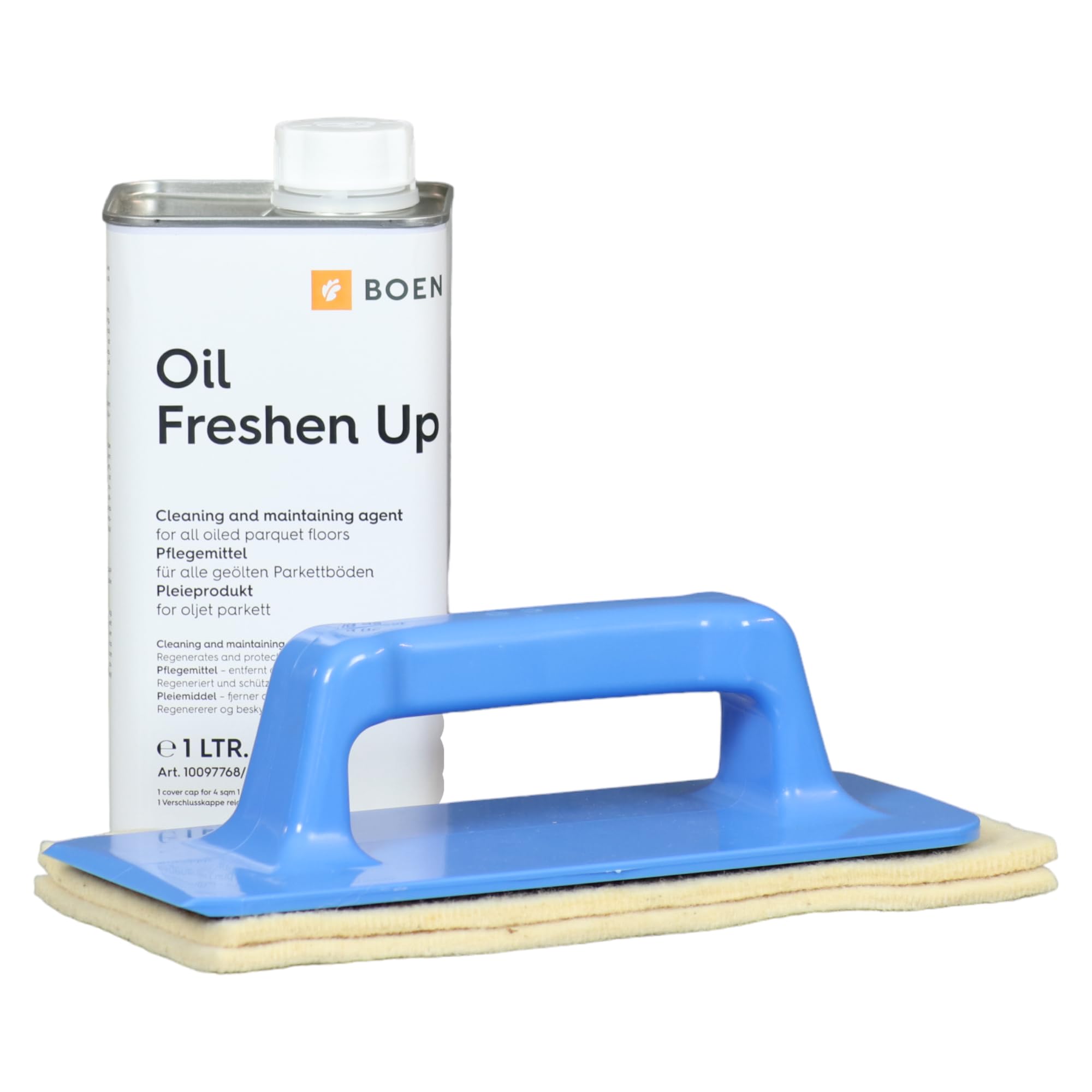Boen Freshen Up Farblos 1lt- inkl.1x Handpadhalter Pro - Set "Parkett-Nachölen" inkl. 2x Soft-Sheep - superweiche Schafwollpads