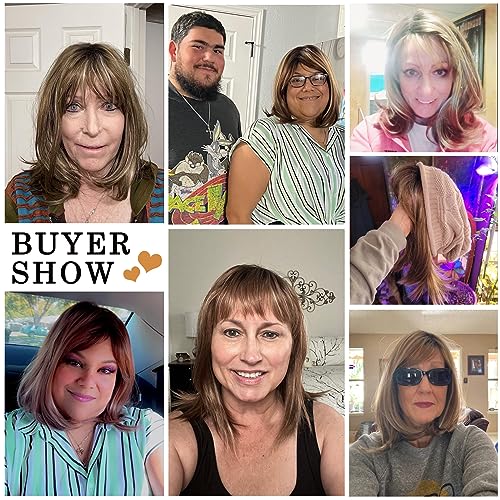 Tishining Short Blonde Highlight Bob Wig With Bangs Dark Roots Strawberry Blonde Straight Wigs For White Women Shoulder Length Synthetic Wig For Women #TOP4