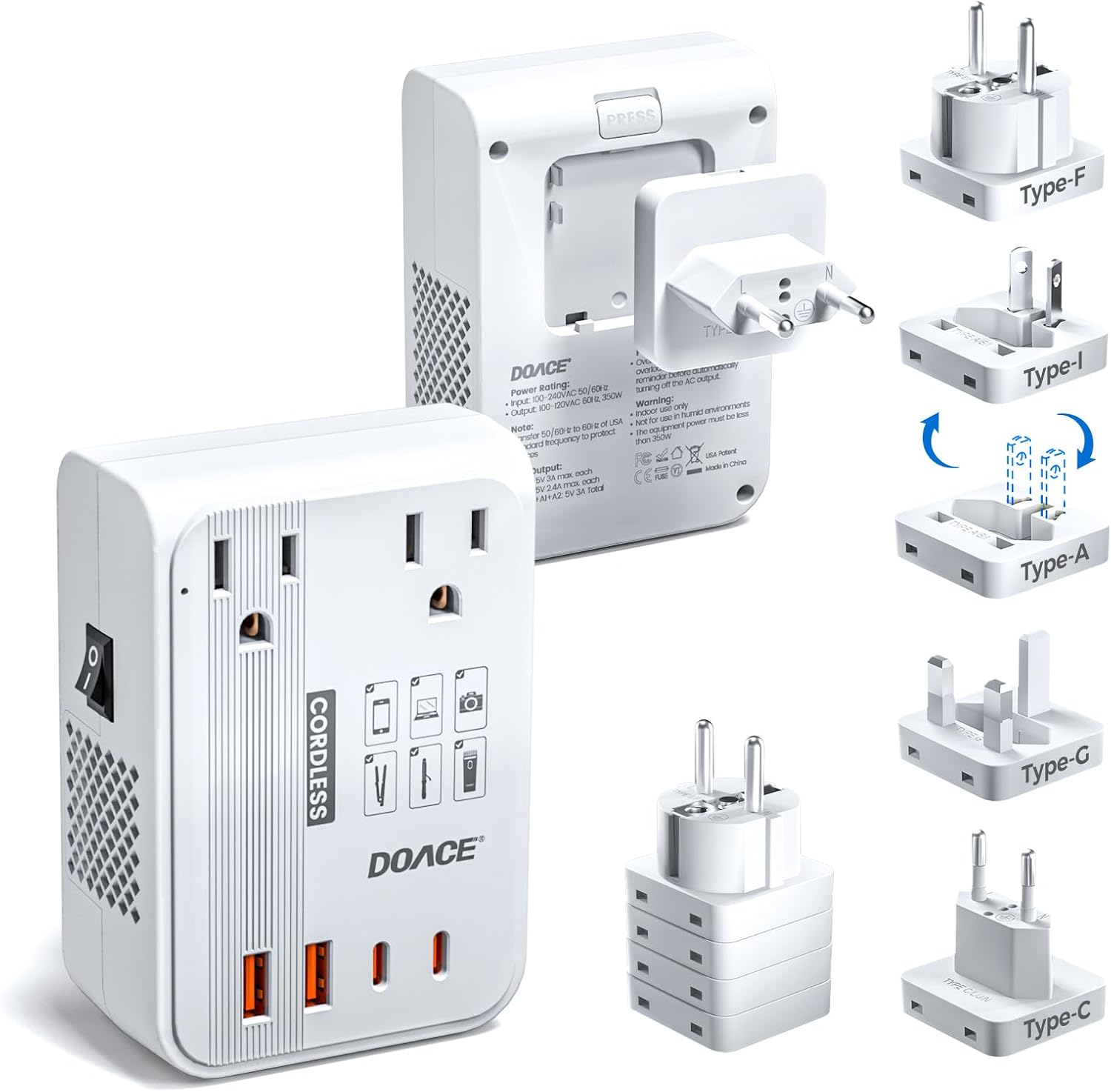 DOACE 350W Voltage Converter US to Europe for Hair Straightener Shaver Toothbrush CPAP Camera Cell Phone - 220V to 110V Converter for European Travel, Power Converter Adapter Combo with PD Chargers