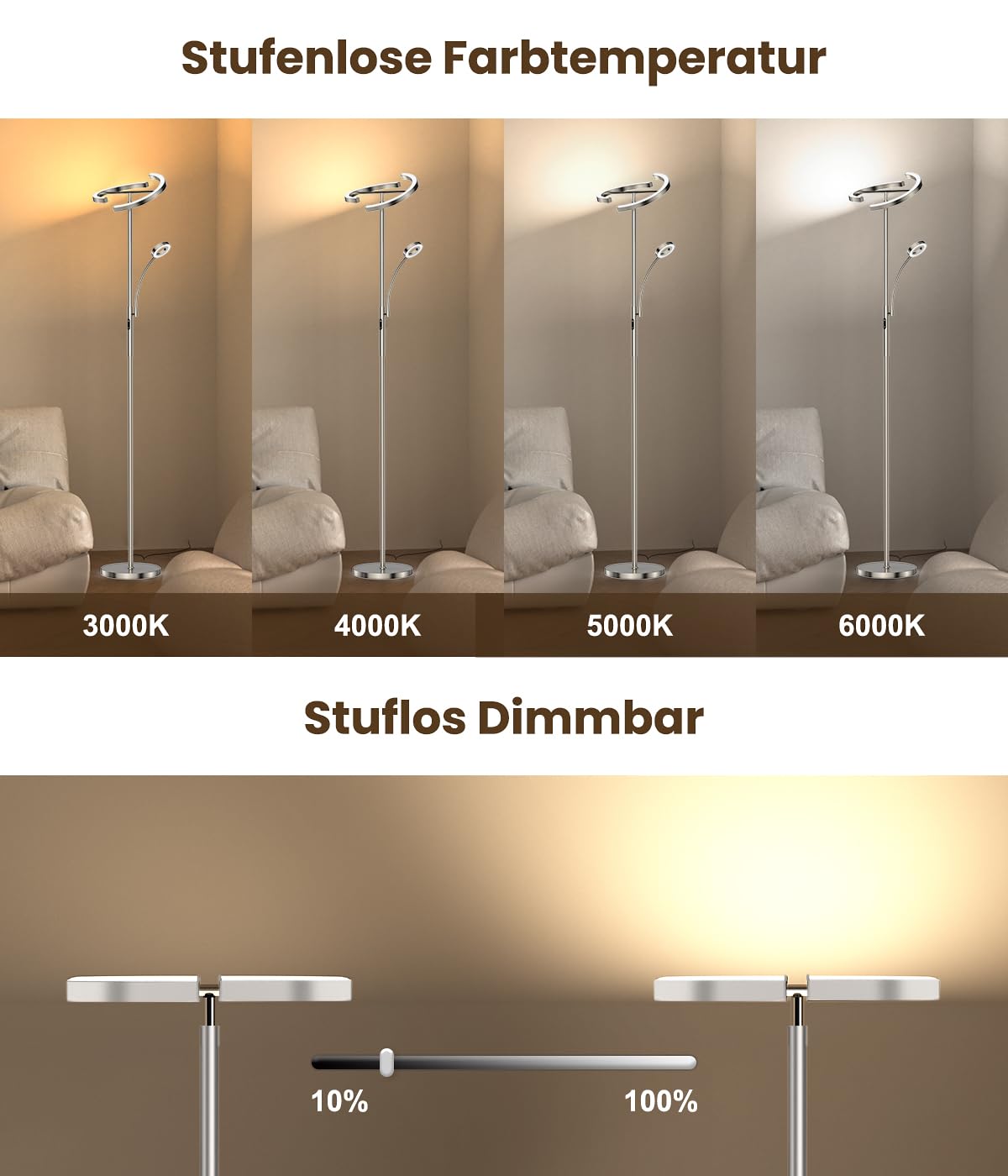 ANTENLICHT Stehlampe Dimmbar LED | Silber-Stehleuchte 20W mit flexibler 7W Leselampe | Modern deckenfluter mit fernbedienung mit 4 Farbtemperatur für Wohnzimmer, Schlafzimmer, Büro, Hotel