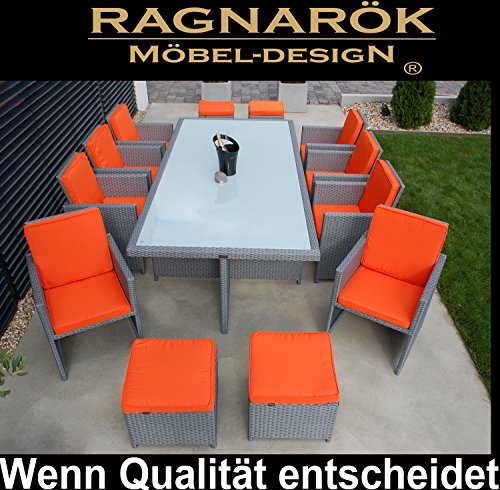 Ragnarok Mobeldesign Garten Essgruppe Mit Glas Und Sitzkissen Aus Polyrattan In Grau Tisch 8x Stuhl 4x Hocker