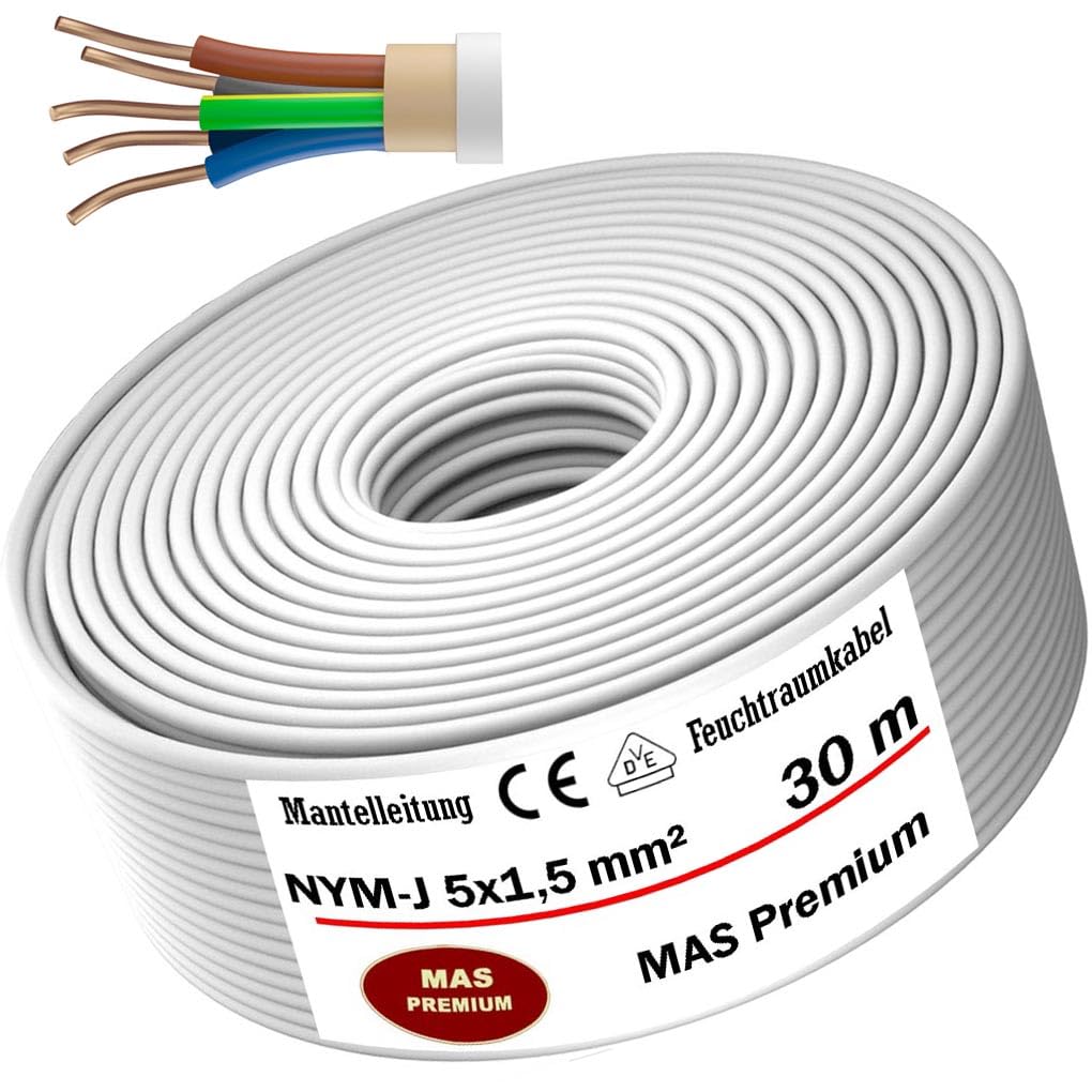 Cavo di alimentazione per ambienti umidi da 5, 10, 15, 20, 25, 30, 35, 40, 50, 60, 70, 75, 80, 90 o 100 m, NYM-J 5 x 1,5 mm², cavo rivestito, cavo elettrico ad anello per installazione fissa (30 m)