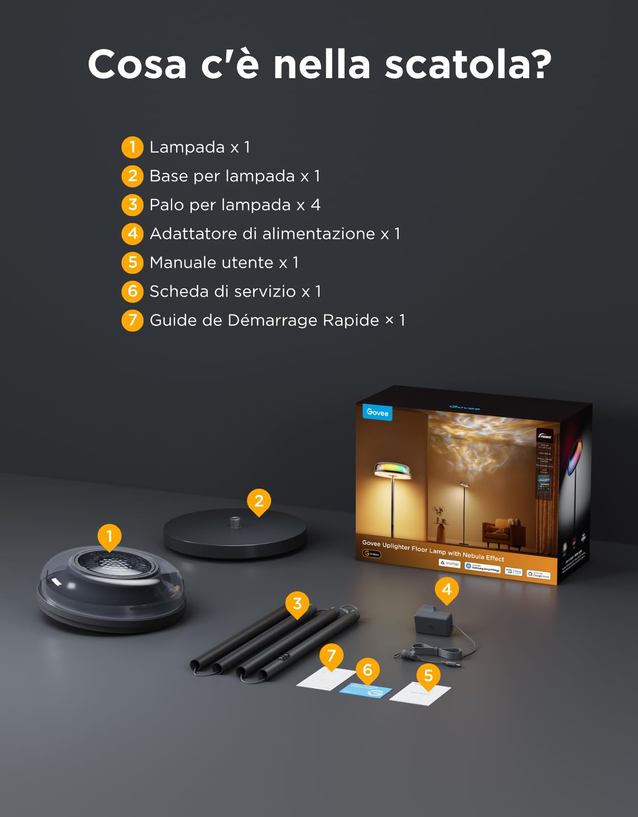Govee Uplighter Lampada da Terra con Effetto Nebulosa, Separata Trizona Lampada Terra Dimmerabile, Luce Ondulata RGBIC Freddo-Caldo, 80+ Scene, 2700-6500K,1000lm,Compatibile Matter,170cm per Salotto